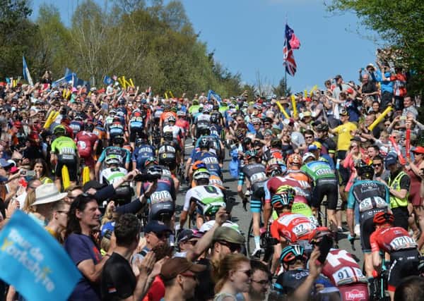 Cyclists negotiate Sutton Bank during the Tour de Yorkshire.