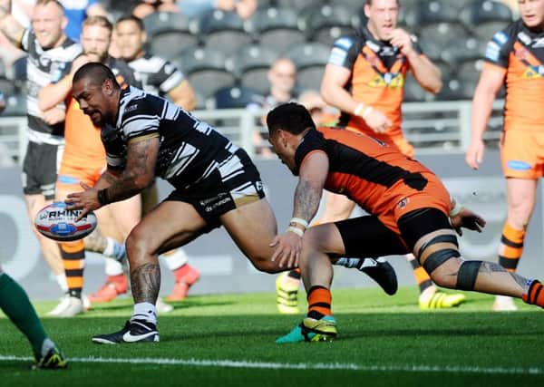 Try: Hull's Sika Manu crosses to score the opening try.
 Picture: Jonathan Gawthorpe