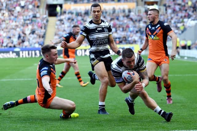 Castleford's Jake Truman fails to stop Hull's Jamie Shaul from scoring.
 Picture: Jonathan Gawthorpe