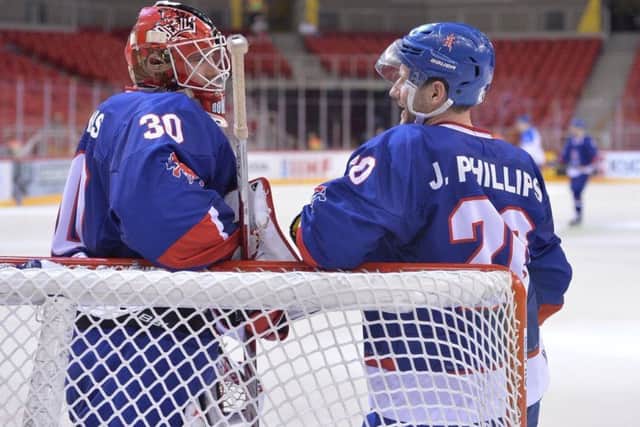 INTERNATIONAL RESCUE: Jonathan Phillips, right, has a chat with GB netminder Ben Bowns. Picture: Dean Woolley.