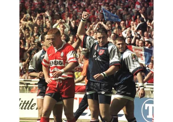 Matt Crowther celebrates scoring for Sheffield Eagles during the shock win over Wigan in 1998.