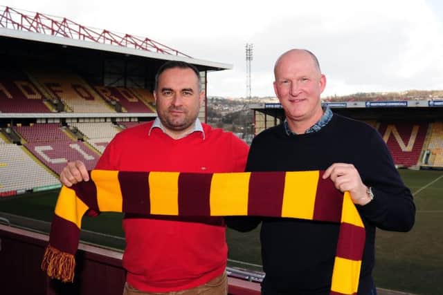 Bradford City co-owner Edin Rahic, left, with Simon Grayson after the latter's appointment as manager in February (Picture: Simon Hulme).