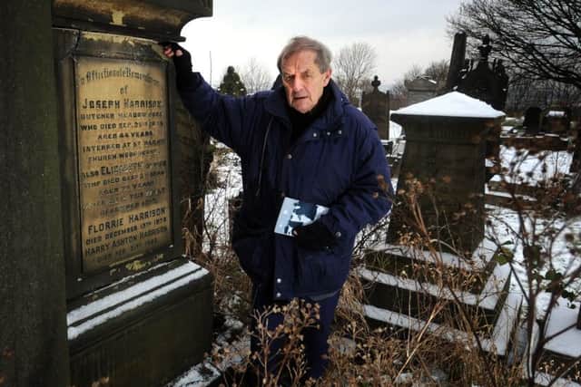 Tony Harrison at the graves of his parents in Holbeck Cemetery, Beeston, Leeds.