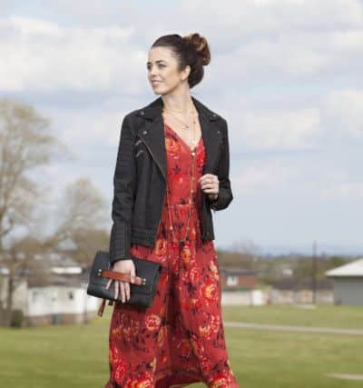 Megan dress in Autumn Rose print, Â£95; leather jacket, Â£250; necklaces Â£45 and Â£40. All available at John Lewis.