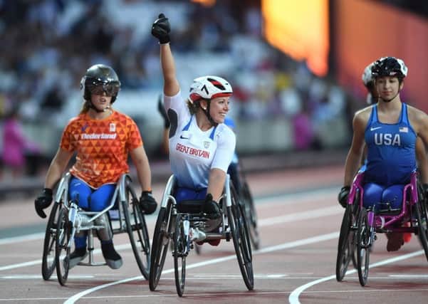 Hannah Cockroft celebrates winning the Women's 100m T34 Final at the 2017 World Para Athletics Championships at London Stadium. Picture: Victoria Jones/PA