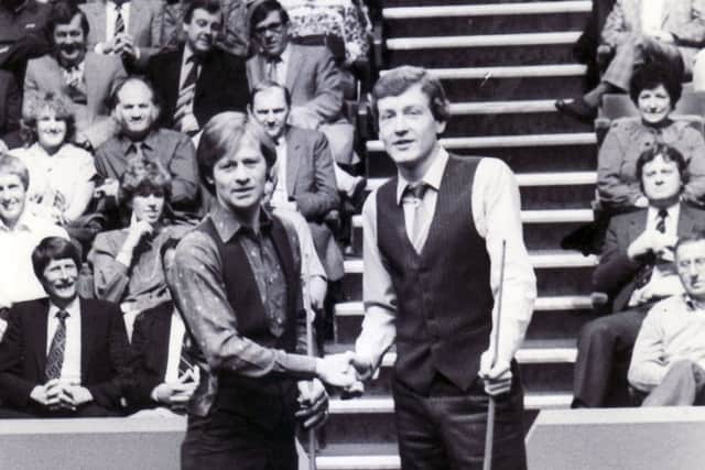 LEGENDS: Alex Higgins and Steve Davis at the start of their World Snooker Championships semi-final at The Crucible in 1983