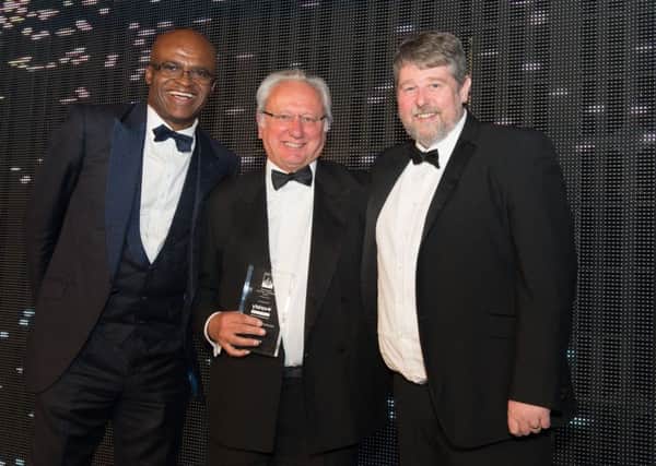 (Left to right) Kriss Akabusi, Bob Taylor, former group director of DLA Design, and Billy Paton  from Richard Boothroyd and Associates  at the Yorkshire Property Awards, Rudding Park, Harrogate.