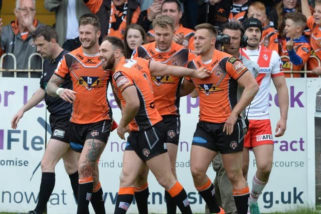 Castleford's Geg Eden celebrates his second try aganst St Helens in the Challenge Cup last season.