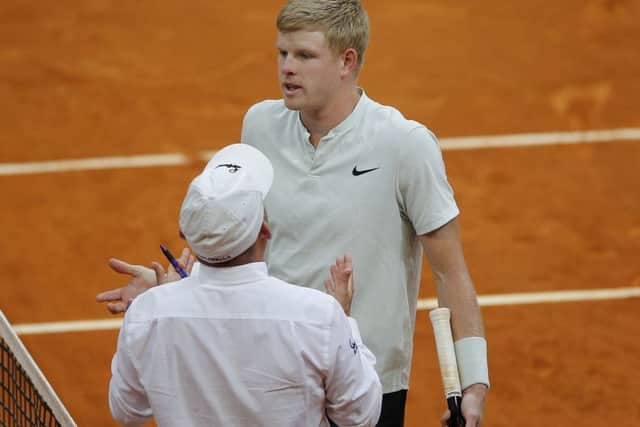Kyle Edmund speaks with the umpire during his match against Denis Shapovalov during the Madrid Open Picture: AP/Paul White