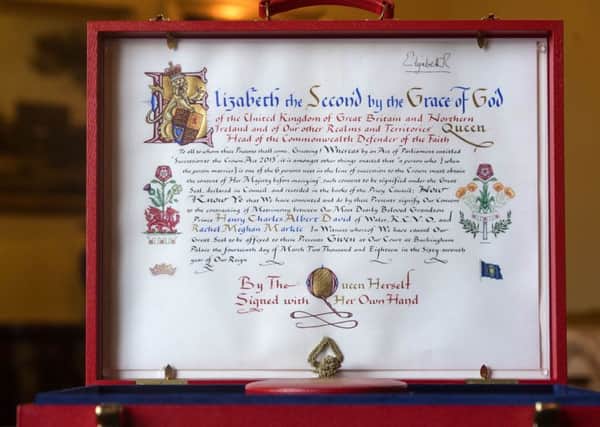 The 'Instrument of Consent', which is the Queen's historic formal consent to Prince Harry's forthcoming marriage to Meghan Markle, photographed at Buckingham Palace, London. PIC: PA