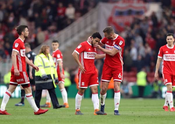 Middlesbrough's Fabio (centre left) and Ben Gibson show their frustration after the first leg at the Riverside Stadium. Picture: Owen Humphreys/PA