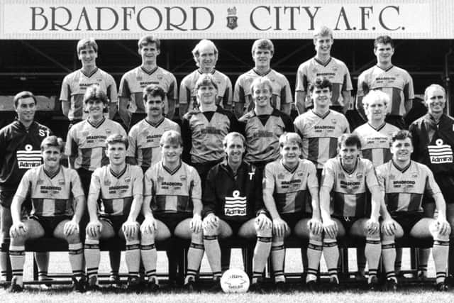 SAY CHEESE: Bradford City's 1987-88 squad, as pictured in August 1987

.
Back row (from left):

Brian Mitchell, Lee Sinnott, Ron Futcher, Mark Leonard, Ian Ormondroyd and Chris Withe.

Centre row (from left): Stan Ternent (coach), Leigh Palin, Dave Evans, Paul Tomlinson, Peter Litchfield, Gavin Oliver, Mark Ellis and Bryan Edwards (Physio).

Front row (from left): Aidey Thorpe, Karl Goddard, Stuart McCail, Terry Dolan (manager), John Hendrie, Greg Abbott and Rob Savage.