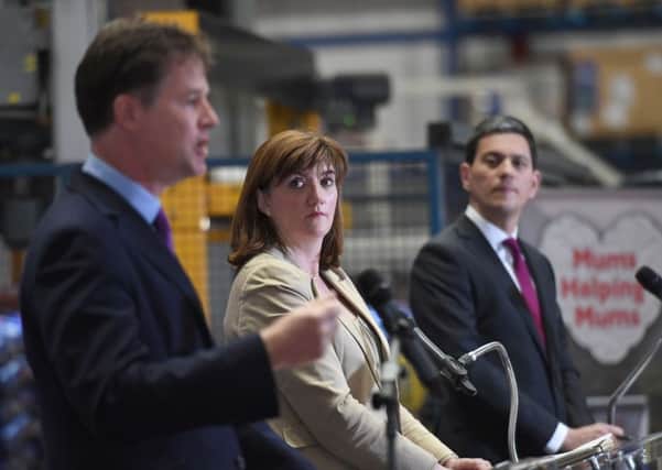 Sir Nick Clegg, Nicky Morgan and david Miliband speaking at a cross-party Remain event.
