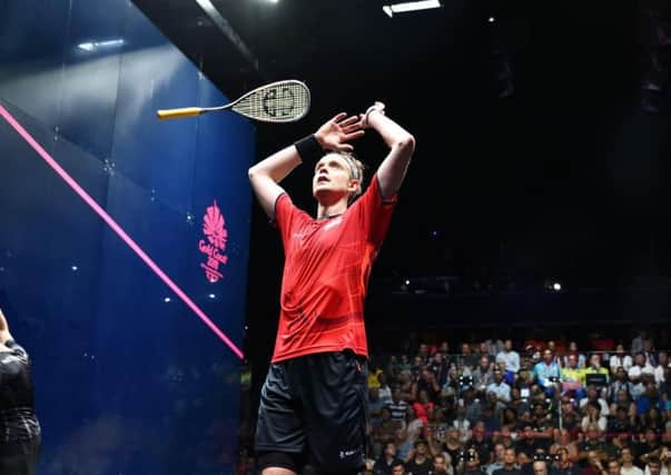 MAGIC MOMENT: James Willstrop celebrates winning the men's singles gold medal at the Commonwealth Games earlier this year. Picture: World Squash Federation/Toni Van der Kreek