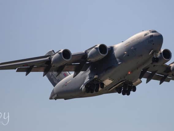 The RAF C17 followed its Canadian cousin to Leeds Bradford Airport today