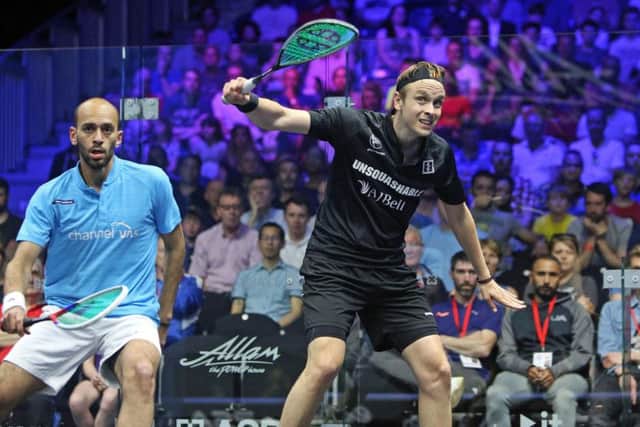 NOT TO BE: James Willstrop battled with Marwan Elshorbagy in Hull on Tuesday but couldn't avoid a first round exit in the British Open. Picture courtesy of PSA.
