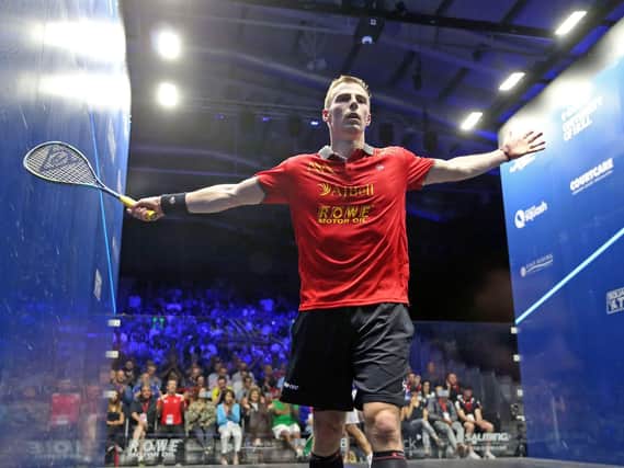 BLASTING THROUGH: Nick Matthew celebrates his British Open first round win over fifth seed Tarek Momen in Hull. Picture courtesy of PSA.