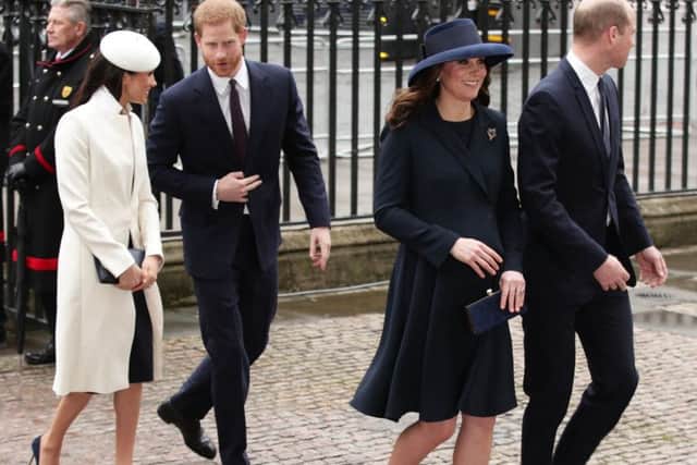 The Duke and Duchess of Cambridge, Prince Harry and Meghan Markle, arrive for the Commonwealth Service at Westminster Abbey, London.