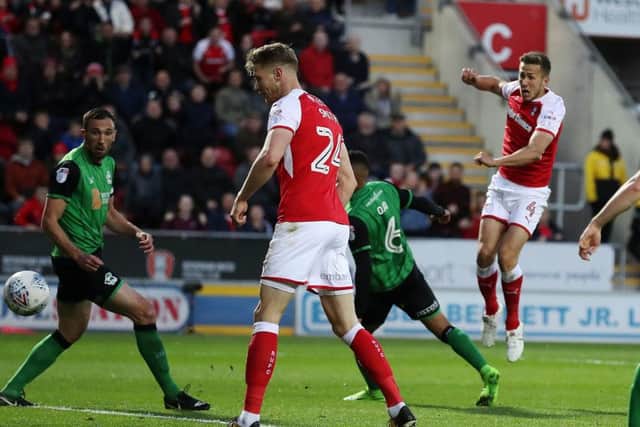 Rotherham United's Will Vaulks (second right) scores his side's second goal of the Sky Bet League One Playoff semi-final. (Picture: PA)
