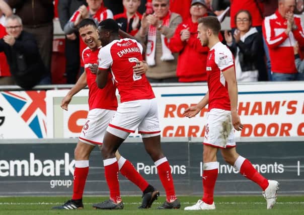 Rotherham United's Richard Wood (left) celebrates scoring his side's first goal of the game from a header during the Sky Bet League One Playoff semi-final. (Picture: PA)
