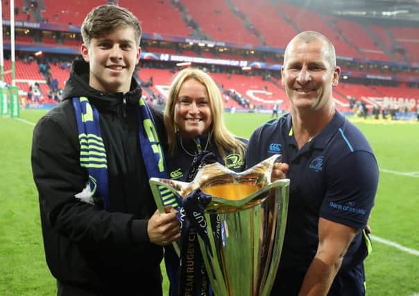 Family affair: Stuart Lancaster, the Leinster senior coach, celebrates with his wife Nina and son Daniel. Picture: David Rogers/Getty Images