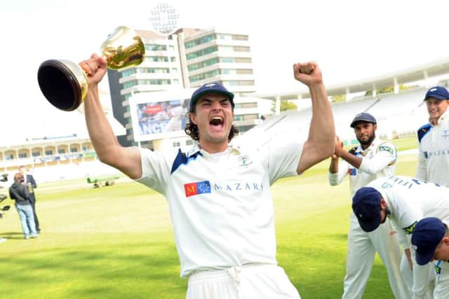 Yorkshire's Jack Brooks celebrates after winning the County Championship at Trent Bridge in 2014. Picture: Jonathan Gawthorpe.