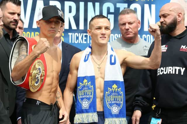 Lee Selby (left) and Josh Warrington during the weigh-in at Leeds Civic Hall. (Picture: Nigel French/PA Wire)