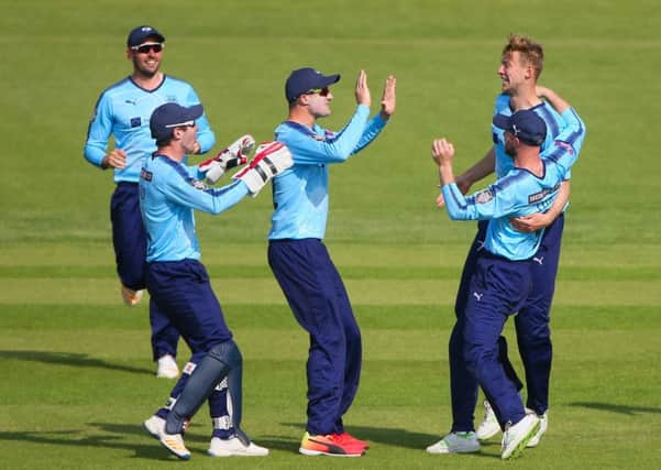 Yorkshire players celebrate the wicket of Warwickshires former England player Jonathan Trott but they were not smiling at the conclusion as Warwickshire won the  Royal London One-Day Cup match at Headingley by five wickets (Picture: Alex Whitehead/SWPIX.com).