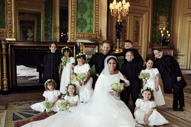 ny manner or form and must include all of the individuals in the photograph when published. This official wedding photograph released by the Duke and Duchess of Sussex shows The Duke and Duchess in The Green Drawing Room, Windsor Castle, with (left-to-right): Back row: Master Brian Mulroney, Miss Remi Litt, Miss Rylan Litt, Master Jasper Dyer, Prince George, Miss Ivy Mulroney, Master John Mulroney. Front row: Miss Zalie Warren, Princess Charlotte, Miss Florence van Cutsem. Photo: Alexi Lubomirski/PA Wire
