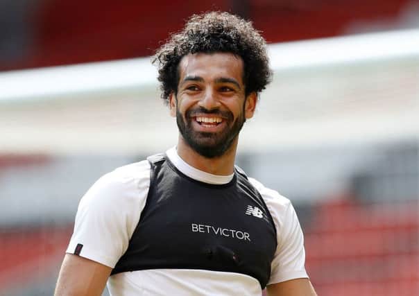 Liverpool's Mohamed Salah during the training session at Anfield (Picture: Martin Rickett/PA Wire)