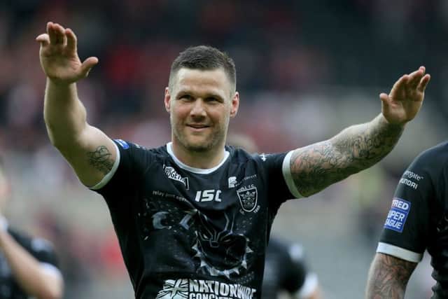 WELCOME BACK: Hull FC's Kirk Yeaman celebrates victory after the final whistle at St James' Park. Picture: Richard Sellers/PA