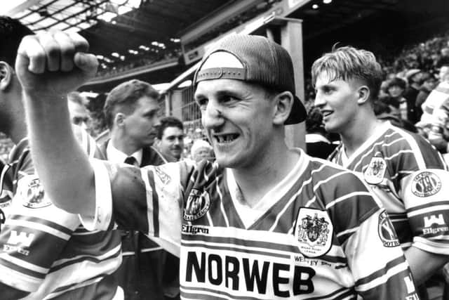Shaun Edwards celebates collecting his Challenge Cup medal after beating St. Helens in 1991.