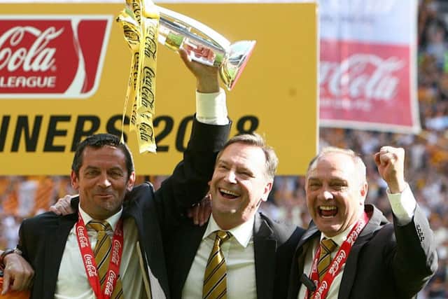 Hull City's manager Phil Brown (l) celebrates winning the Championship play offs in the Coca-Cola Championship Play Off Final at Wembley Stadium, London. (Picture: PA)