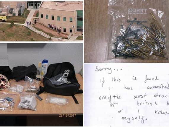 Top left; the boys were plotting a massacre like Columbine in 1999; top right, a bag of nails as part of the evidence; bottom left, a rucksack recovered by police and bottom right, an extract from the diary of one of the defendants.
