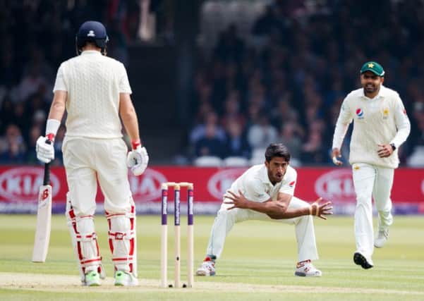 Pakistan's Hasan Ali celebrates taking the wicket of England's captain Joe Root (Picture: John Walton/PA Wire).