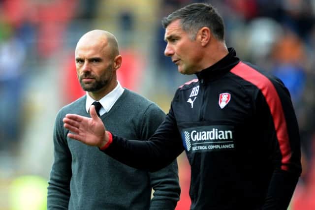 Rotherham United manager Paul Warne with assistant Richie Barker.
 Picture Jonathan Gawthorpe