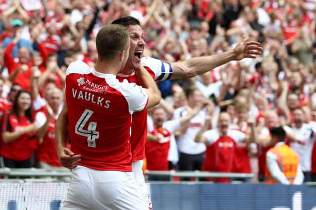 Rotherham United's Richard Wood celebrates scoring his side's first goal of the League One play-off final inal at Wembley Stadium, London. (Picture: John Walton/PA Wire)