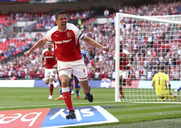 Richard Wood celebrates his opening goal of the play-off final (Picture: PA)