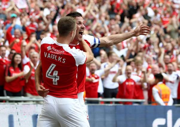 Rotherham United's Richard Wood celebrates scoring his side's first goal of the play-off final (Picture: PA)