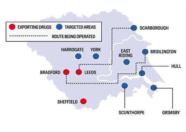 Locations identified in Yorkshire where 'county lines' networks are exporting and selling drugs.