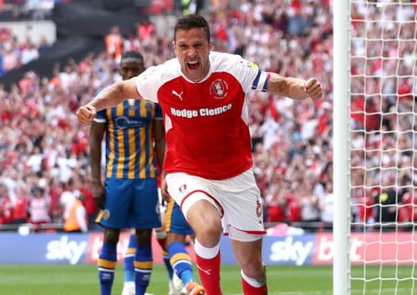 Rotherham United's Richard Wood celebrates scoring his side's first goal of Sky Bet League One play-off final (Picture: PA)