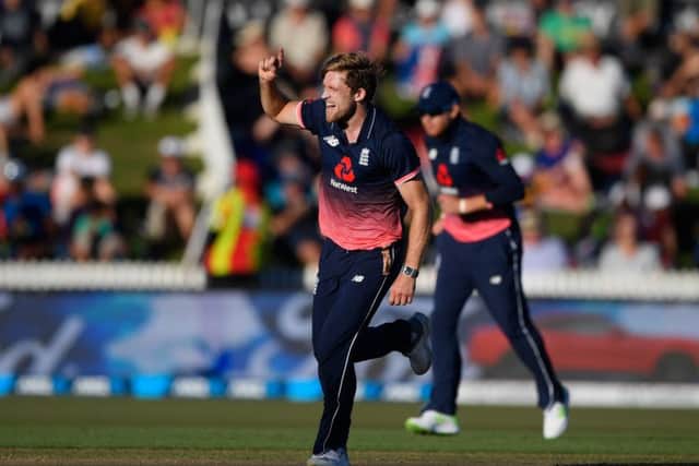 England bowler David Willey celebrates after dismissing Kane Williamson during the 1st ODI between New Zealand and England at Seddon Park on February 25, 2018. (Picture: Stu Forster/Getty Images)