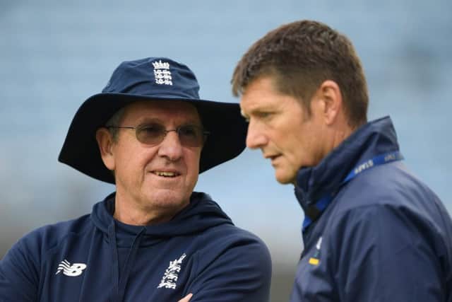 England coach Trevor Bayliss (left) chats with Yorkshire director of cricket Martyn Moxon during nets ahead of the second Test Match. (Picture: Stu Forster/Getty Images)