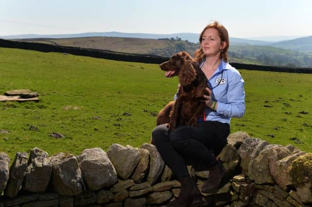 Sonya Wiggins a gamekeepers wife and  the coordinator of the Yorkshire Dales Moorland Group, with Rioja one of her gundogs , on Grassington Moor.
19  April 2018.  Picture Bruce Rollinson